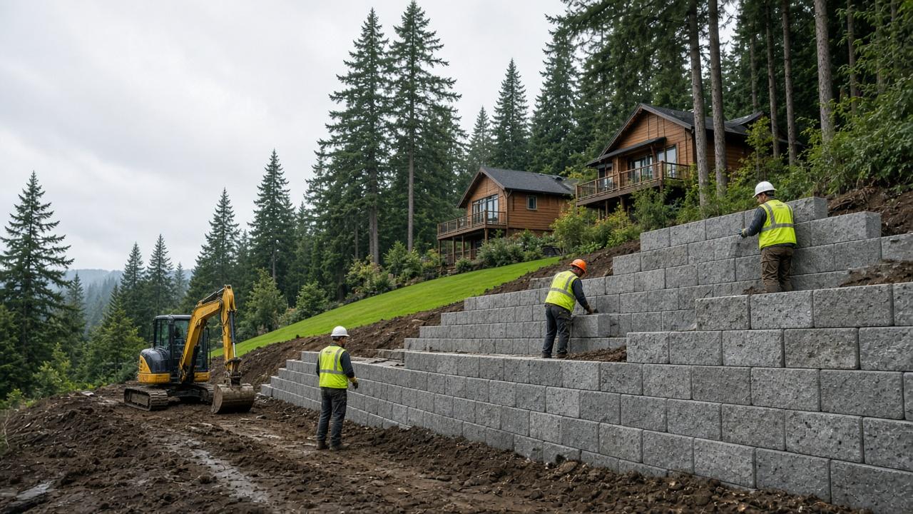 Retaining wall installation crew working on a sloped residential property in Abbotsford BC
