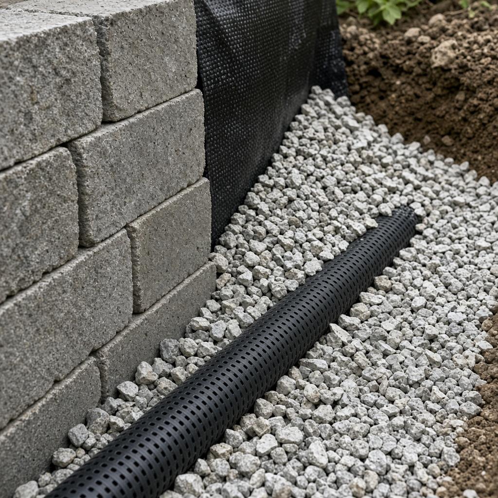 Drainage backfill and perforated pipe installation behind retaining wall in Abbotsford BC